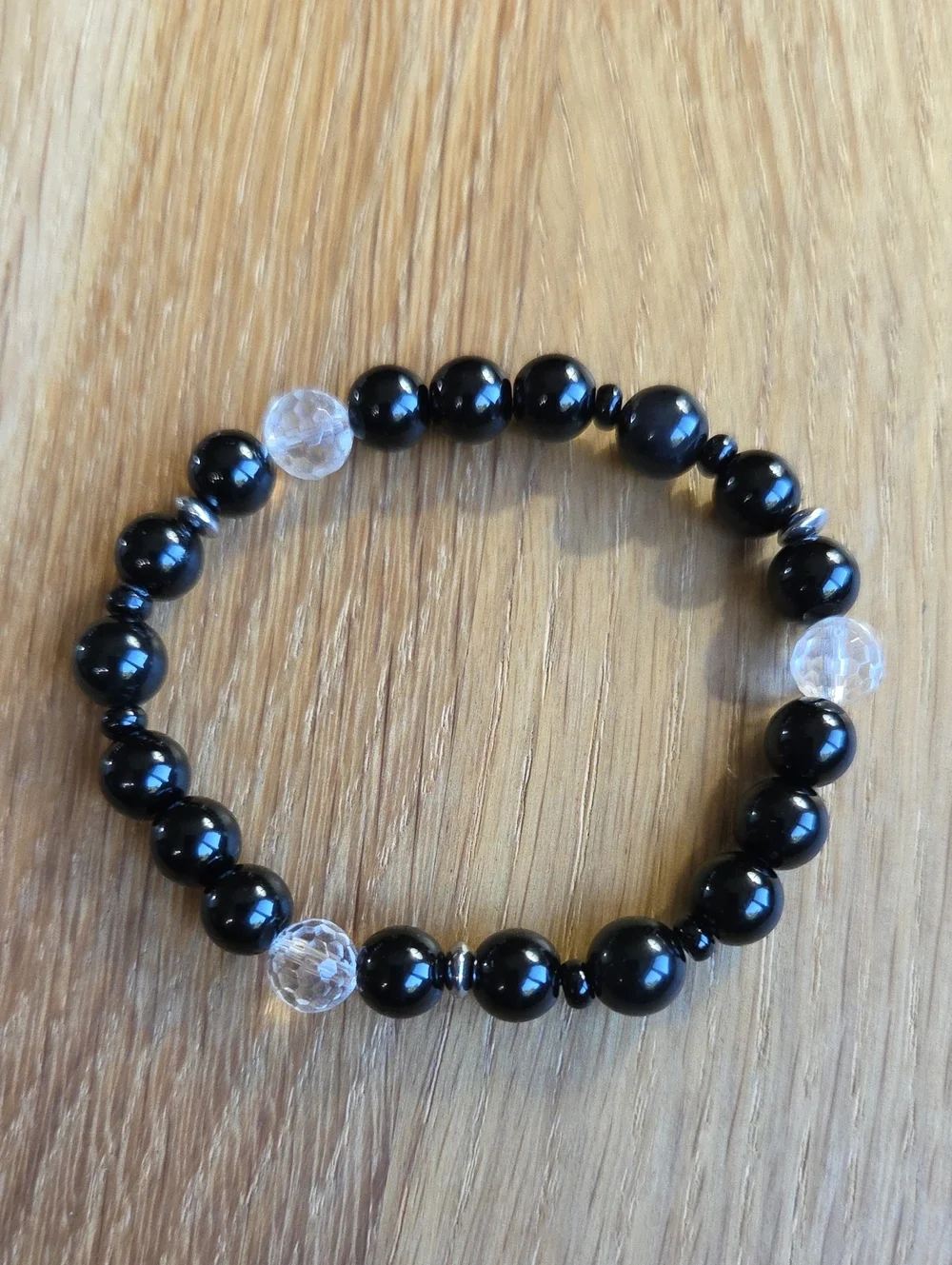 Black Onyx, Rainbow Obsidian & Clear Quartz Beaded Stretch Bracelet | Handmade